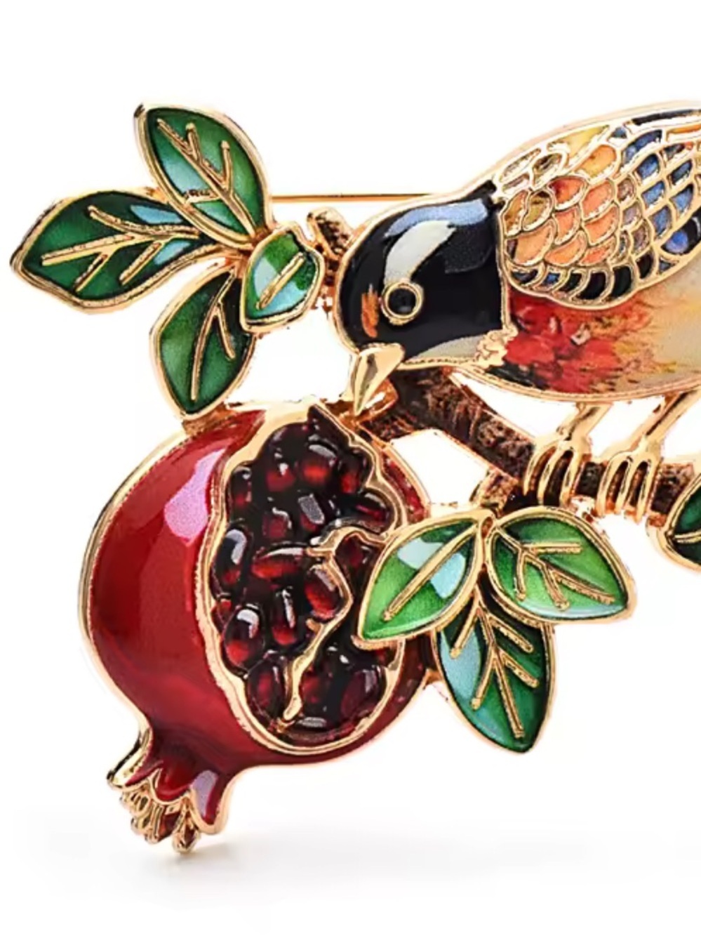 Pomegranate Bird Gold Brooch - Picture 7 of 11